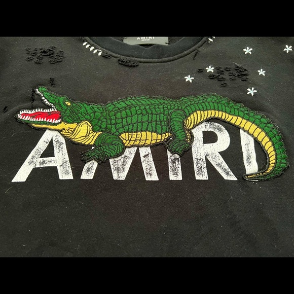 $975 AUTHENTIC AMIRI LOGO ALLIGATOR DISTRESSED SWEATER SWEATSHIRT BLACK SIZE M - Picture 2 of 16